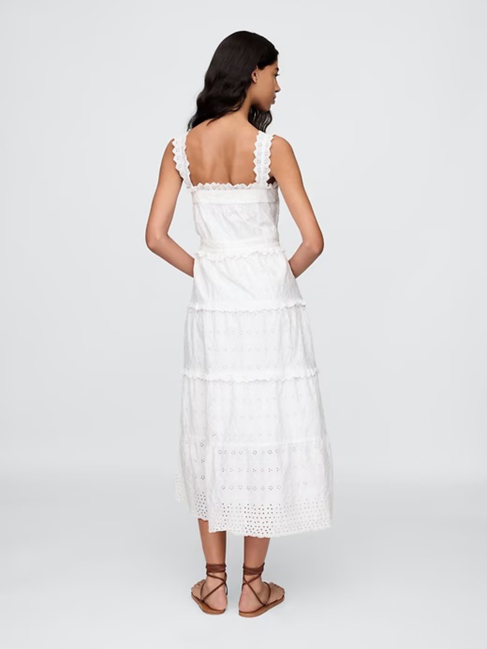GAP x DÔEN White Eyelet Tiered Midi Dress with Scalloped Straps - Picture 3 of 11